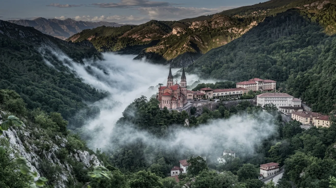 La basílica de Covadonga entre la niebla, en los Picos de Europa